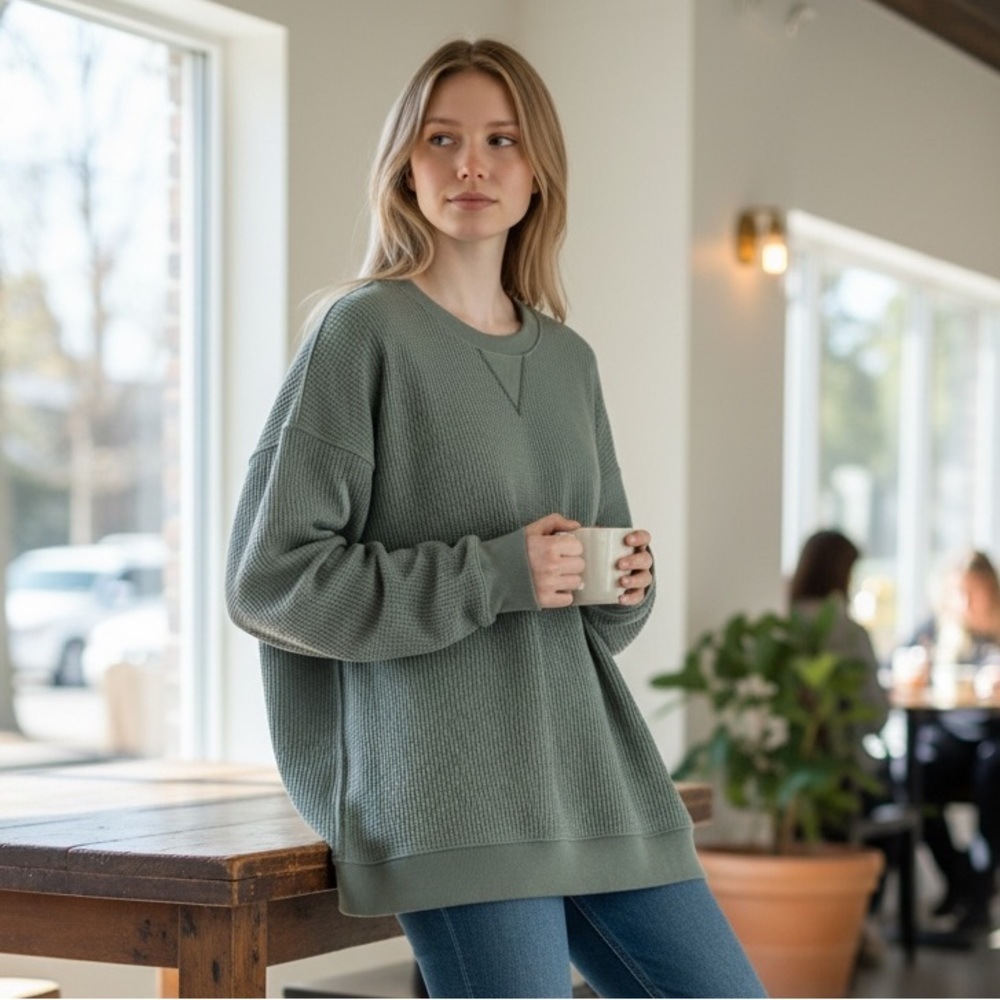 Aerie Waffle Knit Crewneck Sweater - Green